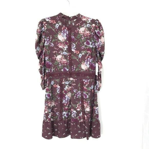 Coco &‎ Jaimeson Womens Floral Puff Sleeve Dress Purple Multicolor Lace Detail M - Picture 1 of 6